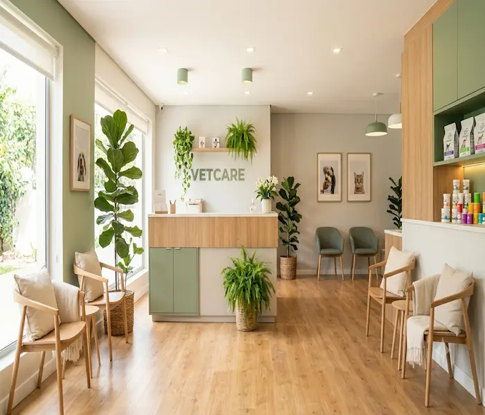 Recepção da clínica veterinária com ambiente acolhedor