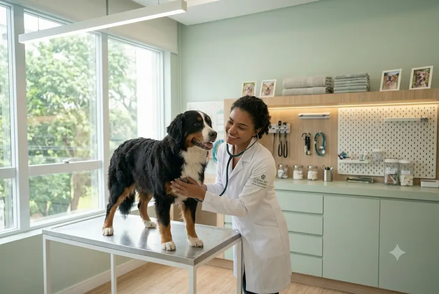 Veterinária examinando um cão durante consulta clínica
