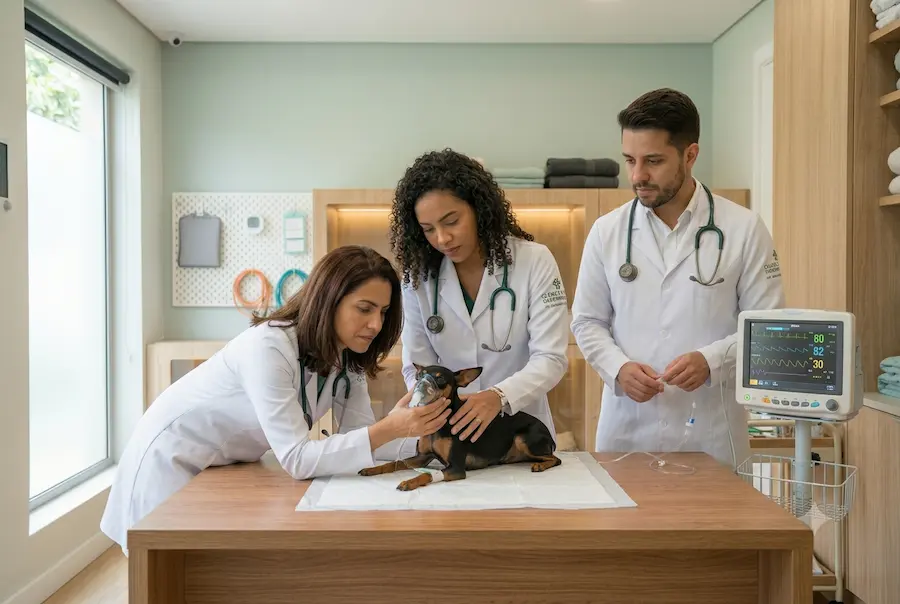 Equipe veterinária prestando atendimento de emergência