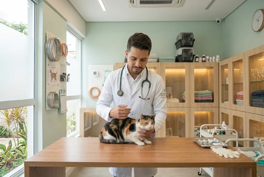 Veterinária aplicando vacina em um gato
