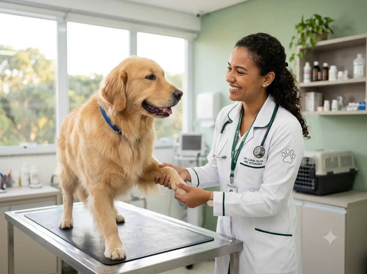 Veterinária sorrindo durante consulta com cachorro golden retriever na clínica